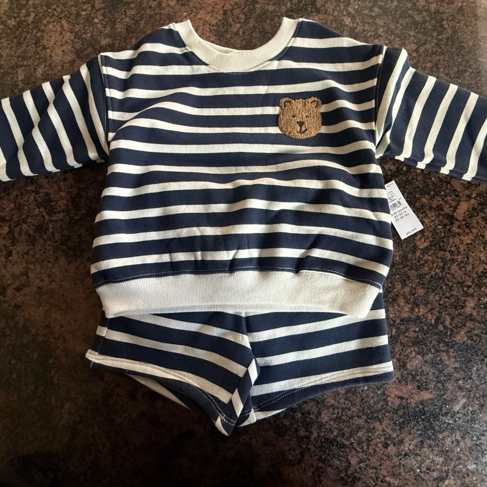 Striped Navy and White Baby 2 pc outfit with Bear Patch